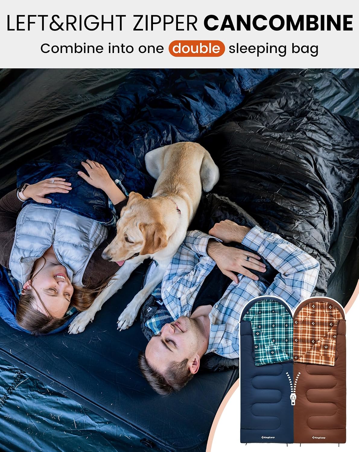 Detalle de KingCamp flannel cotton winter sleeping bag (extra large) – comfort 4°C, limit 0°C, extreme -15°C, 3–4 seasons