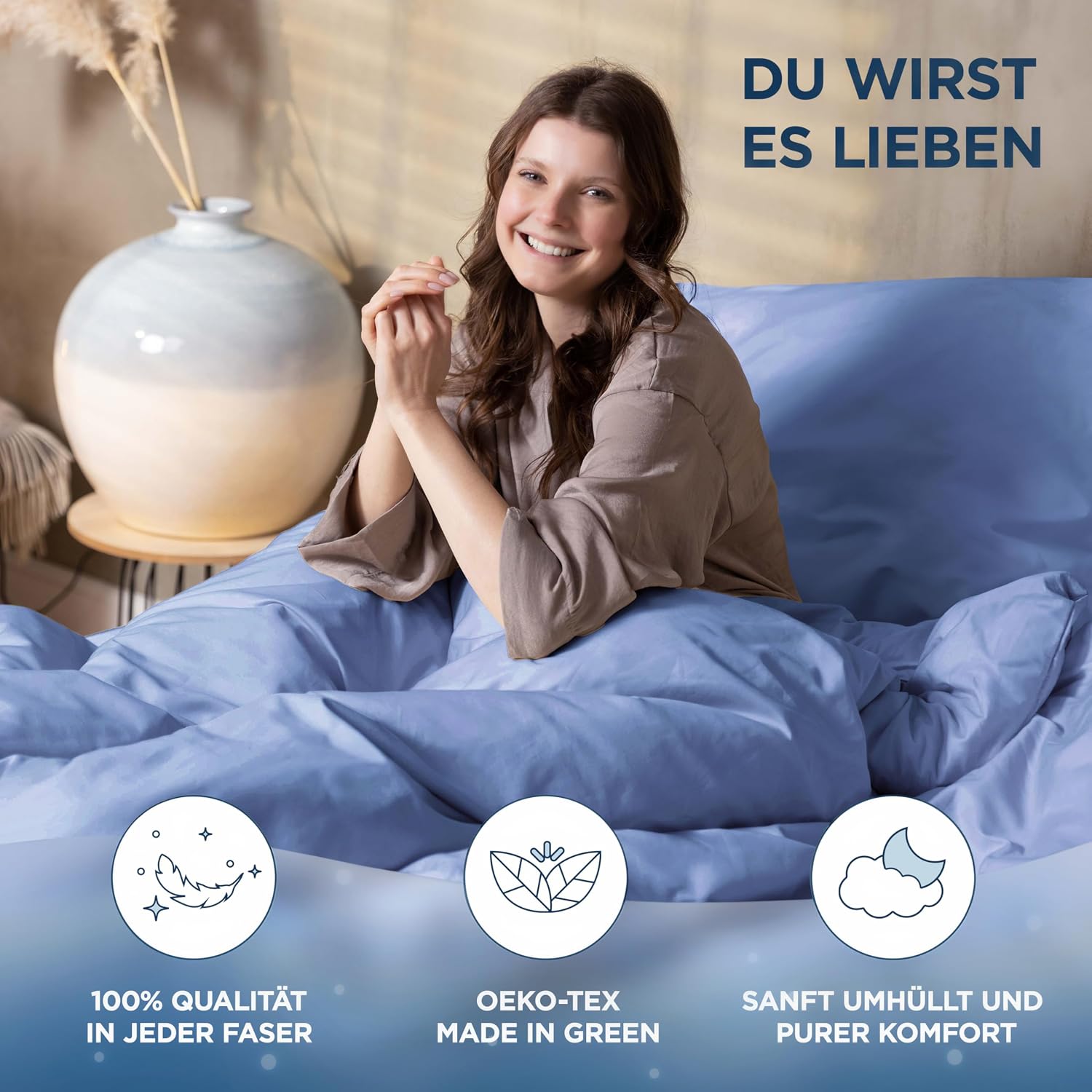 Detalle de Samthus Bettwäsche 220x240 Baumwolle Satin (Oeko-Tex Made in Green) Hellblau – Set mit 1 Bettbezug & 2 Kissenbezügen