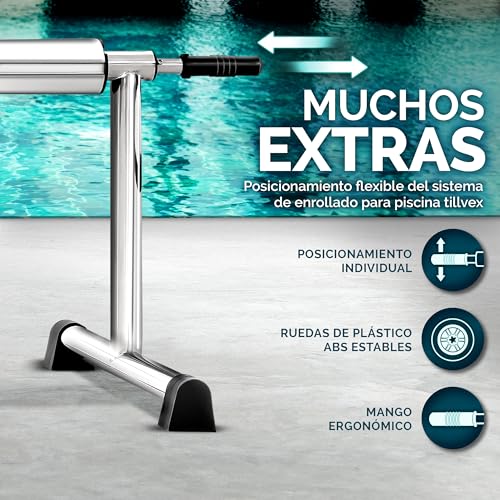 Detalle de tillvex enrollador de cubiertas para piscinas 3 a 5,70 m con neumáticos de caucho macizo y sistema móvil
