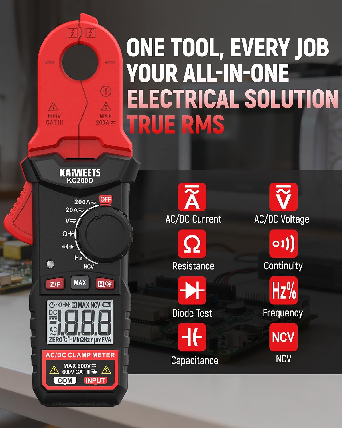 Detalle de KAIWEETS Digital Clamp Meter with Round Jaw TRMS: Accurate AC/DC Testing in a Compact One-Handed Design