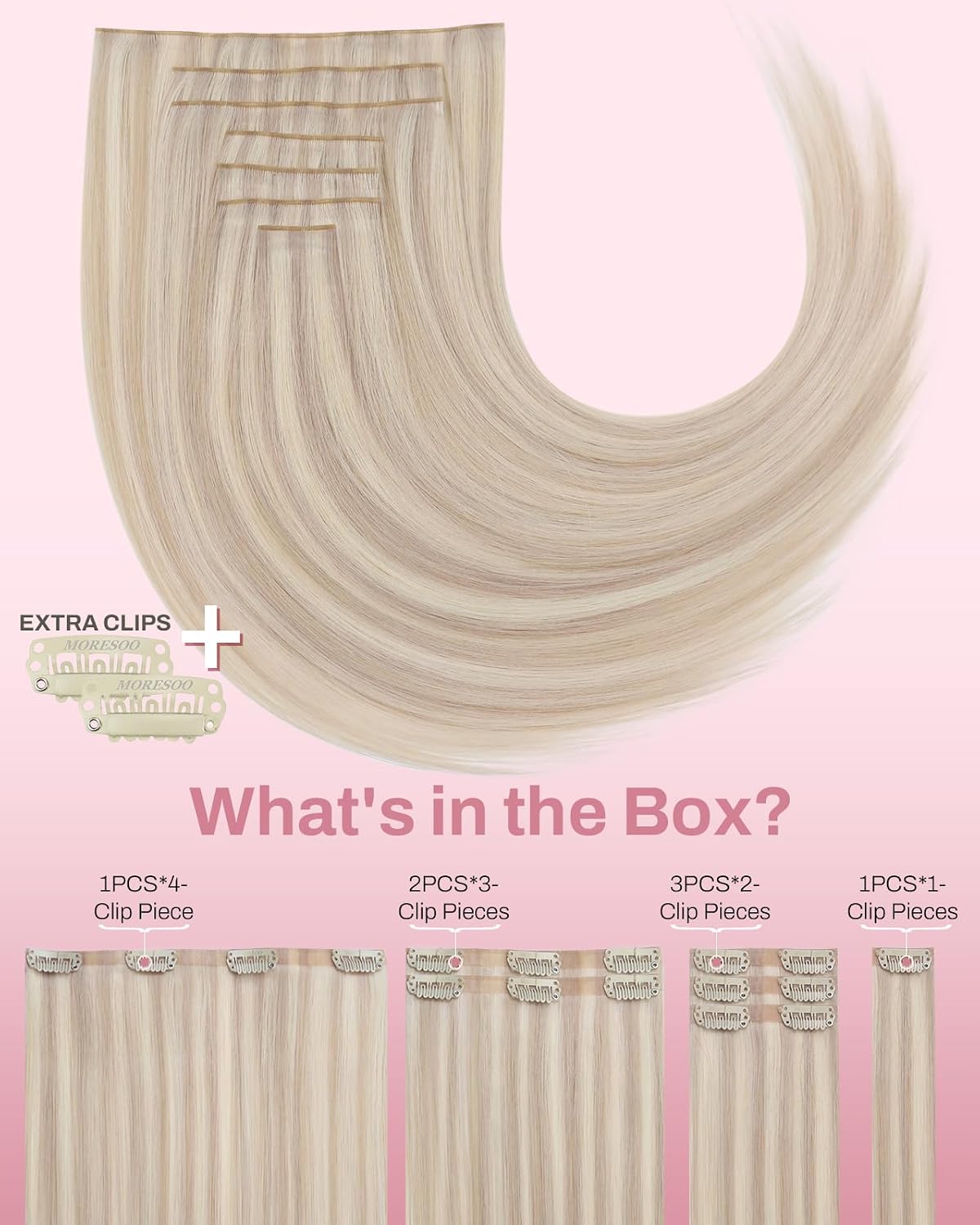 Thumbnail 6 de Moresoo Ash Blonde Seamless Clip-In Hair Extensions (18in, 7Pcs, 120G) – Remy Human Hair with PU Skin Clip-in Design