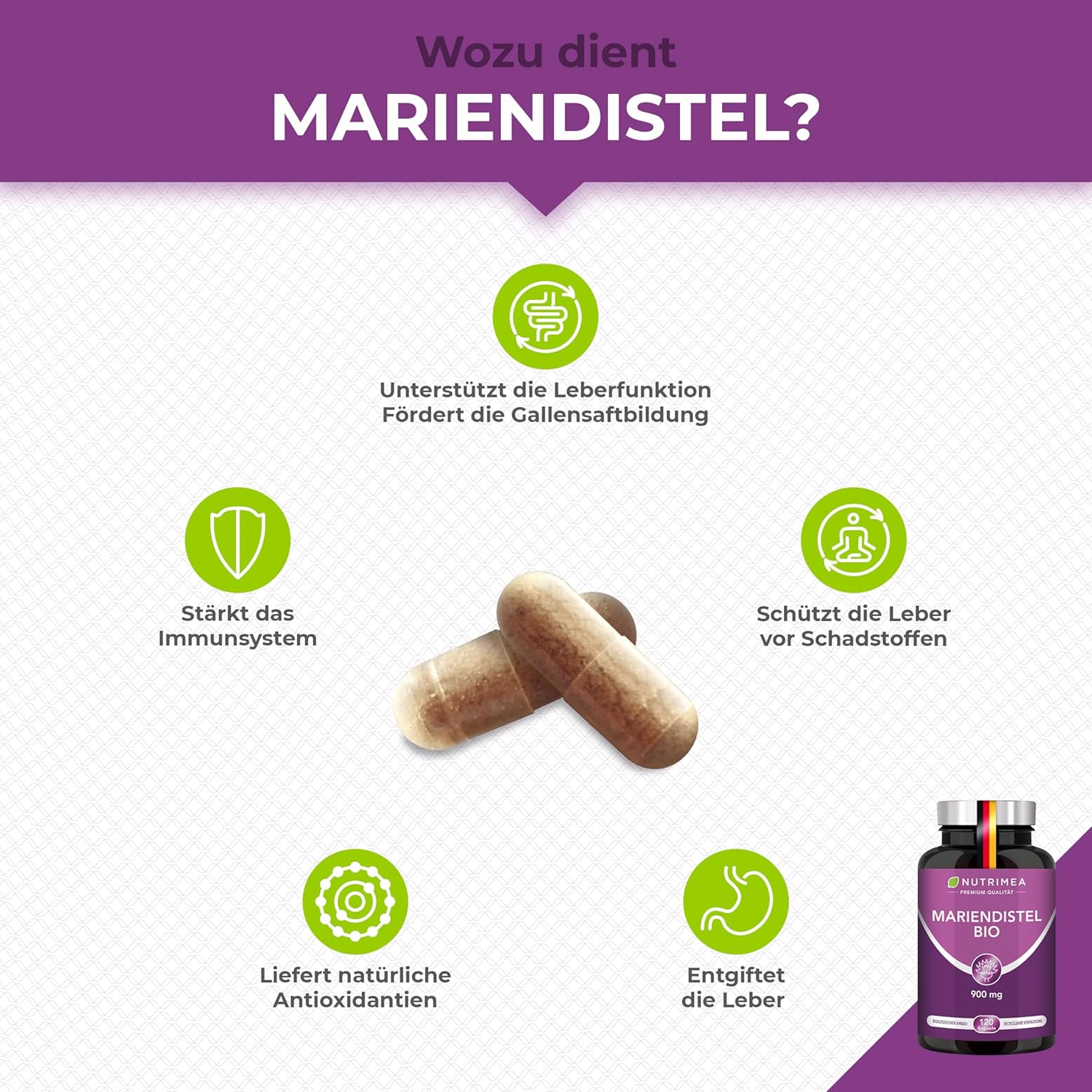 Thumbnail 1 de Nutrimea Mariendistel Bio Hochdosiert 900 mg – 120 Kapseln, reines Extrakt (Silymarin), vegan