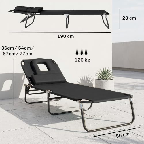 Thumbnail 6 de Outsunny Tumbona Plegable con Respaldo Regulable en 4 Posiciones y Orificio de Lectura – 190x56x28 cm, color Negro