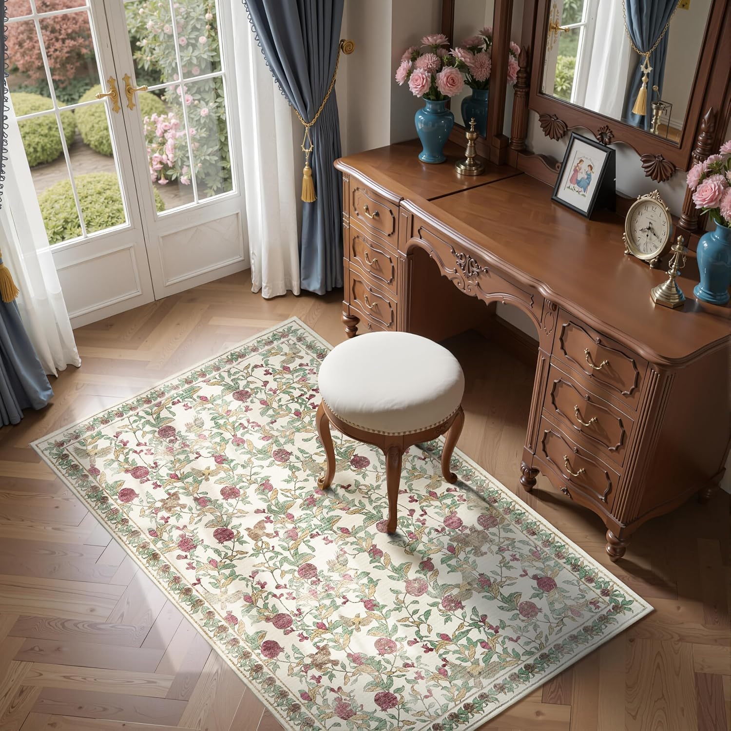 Thumbnail 4 de jinchan JINCHAN RUGS 3' x 5' Floral Washable Area Rug, Red/Green