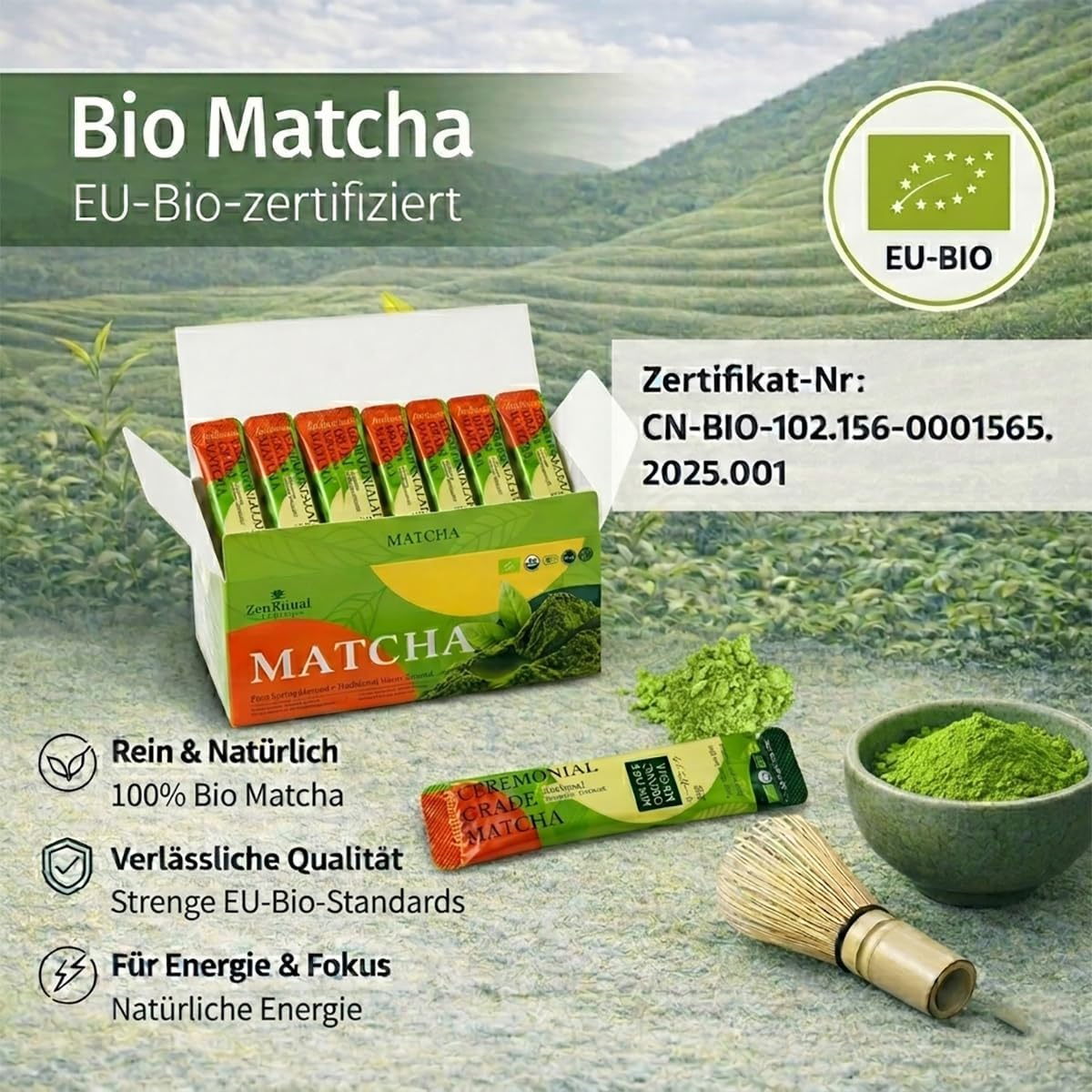 Detalle de ZenRitual Matcha Pulver Zeremonienqualität – 20 Einzeln Portionssticks à 1,5 g, laborgeprüft, zuckerfrei, unterwegs genießen