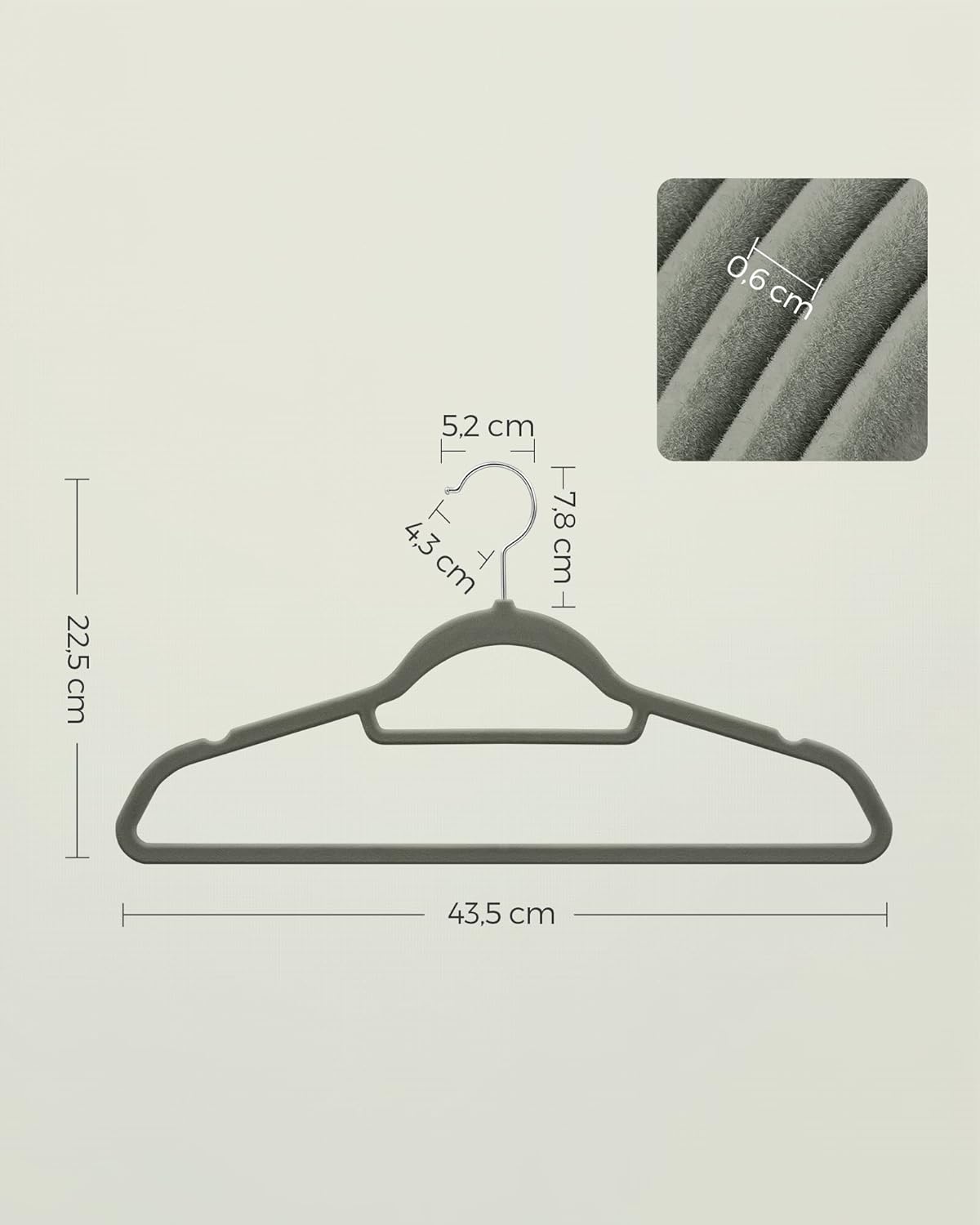 Thumbnail 4 de SONGMICS Samt-Kleiderbügel 20er-Set – rutschfest, 0,6 cm dick, 43,5 cm lang, silberner Haken