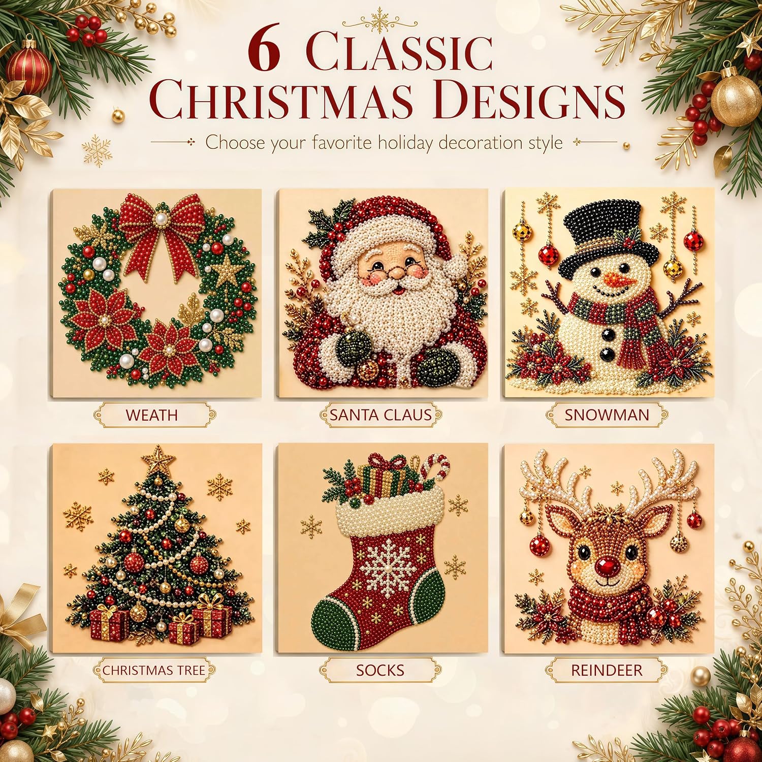 Detalle de Meothan Christmas Pearl Diamond Art Kit, Framed 10 x 10-Inch Wreath
