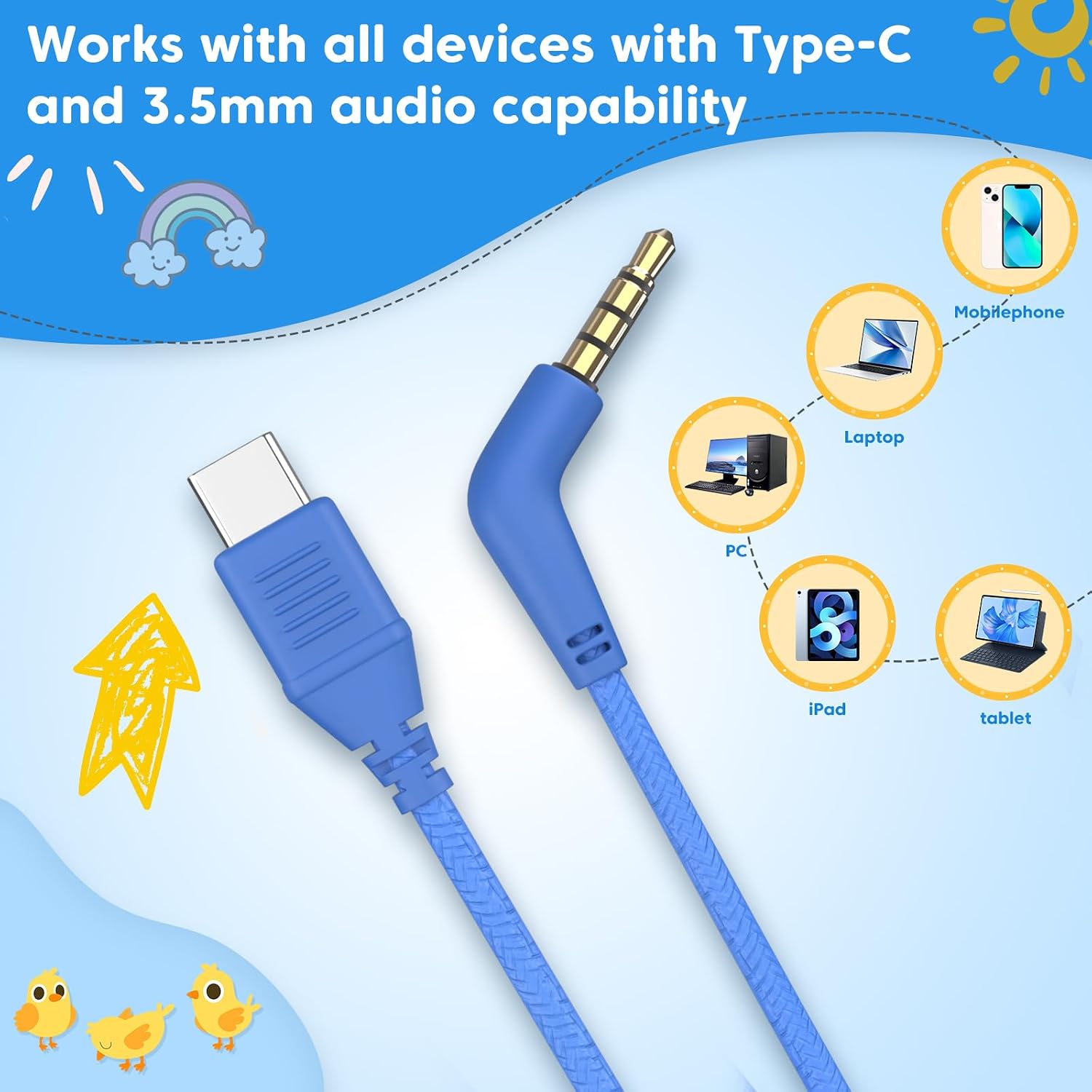 Detalle 2 de INFURTURE Kids Headphones (USB‑C / 3.5mm) with Mic, 94dB Volume Limit & Inline Controls