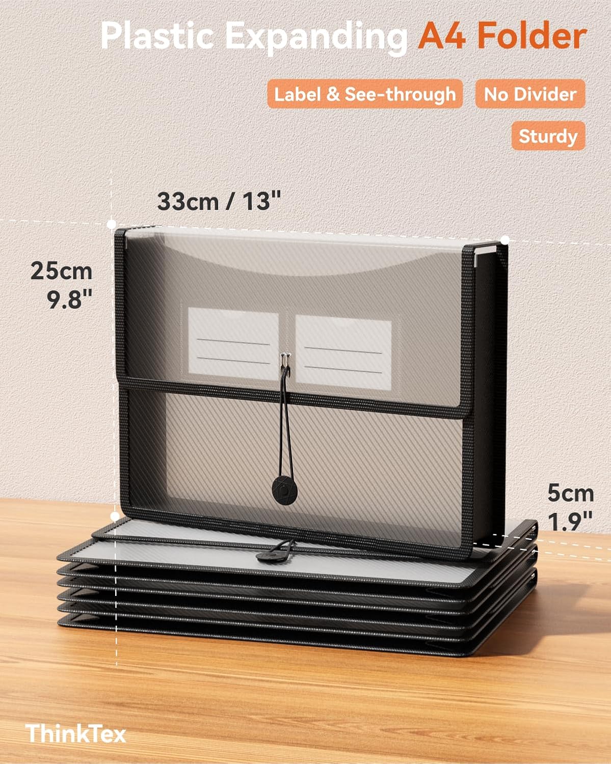 Detalle 2 de ThinkTex 3 Pcs Expanding File Folders, Clear Plastic with Elastic Closure, 3-Pack