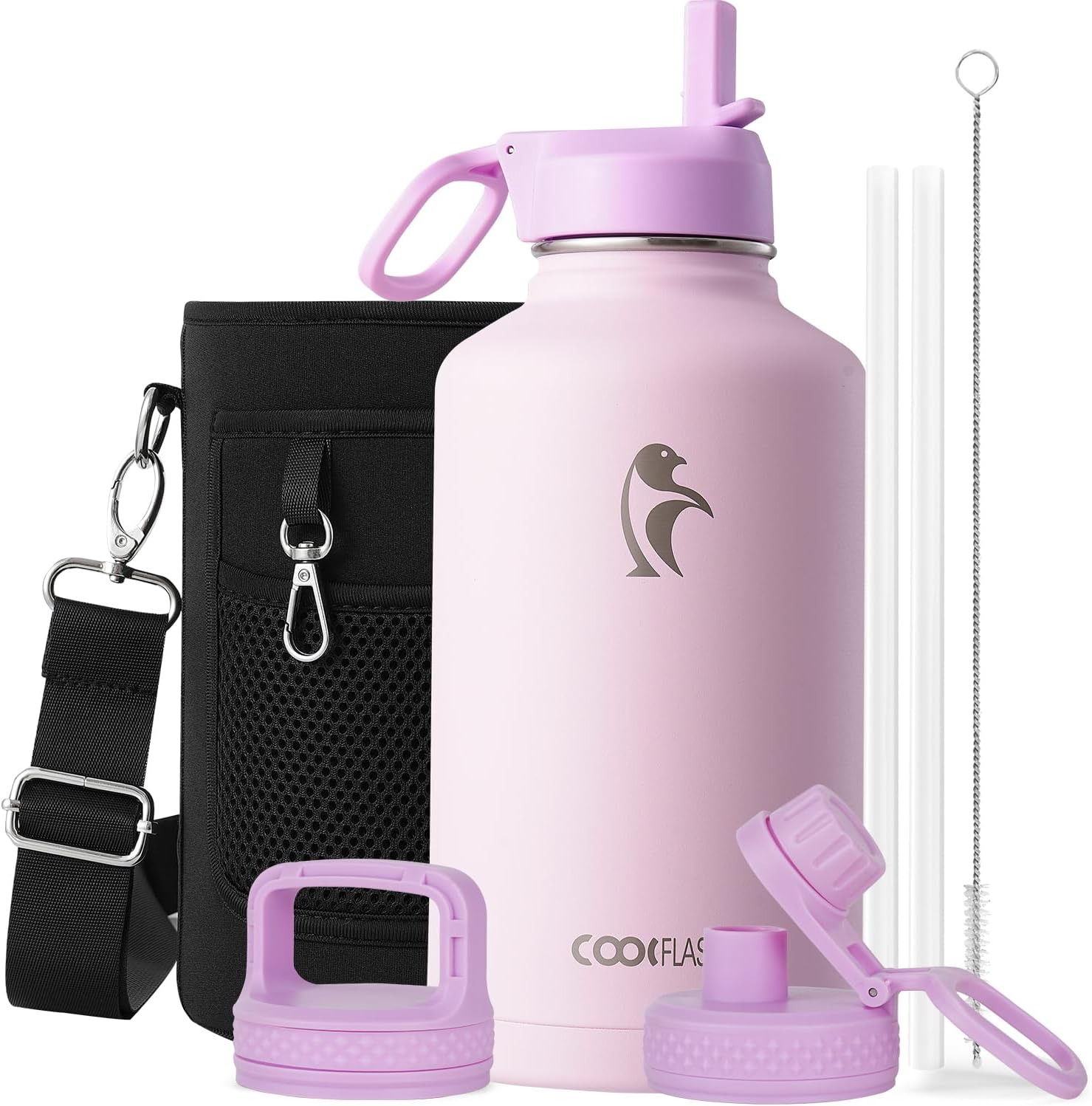 Detalle de Coolflask Half Gallon Insulated Water Bottle with Straw & 3 Lids (64 oz) — Pink