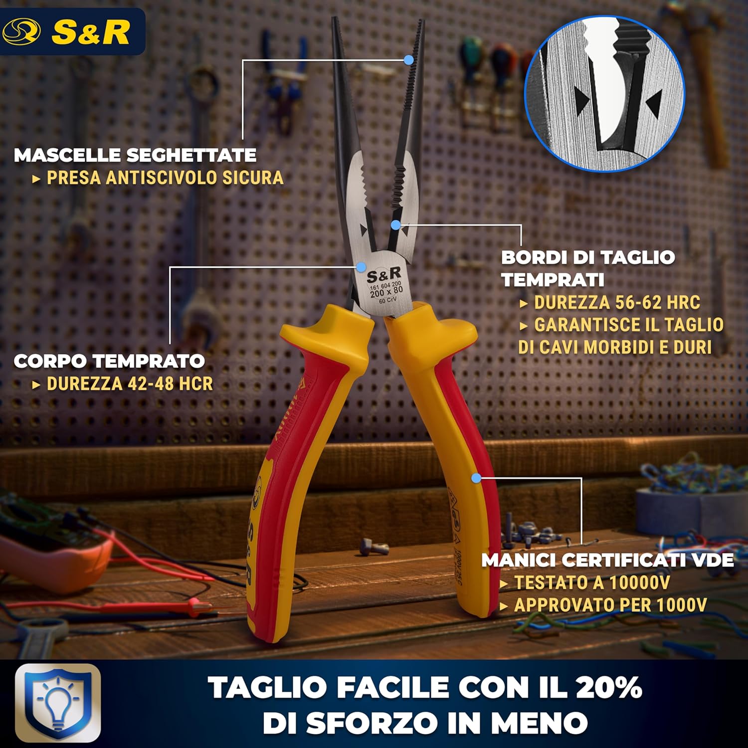 Thumbnail 2 de S&R Pinze a becco lungo certificate VDE – Pinza elettricista 210 mm in acciaio cromovanadio fosfatato