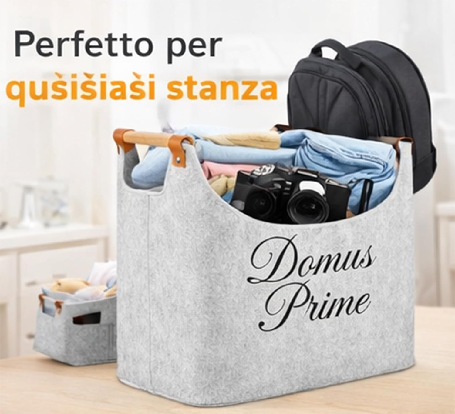 Thumbnail 2 de Domus Prime Borsa Portalegna pieghevole salvaspazio in feltro (cesto in legno) fino a 14 kg, 57 L, dark grey