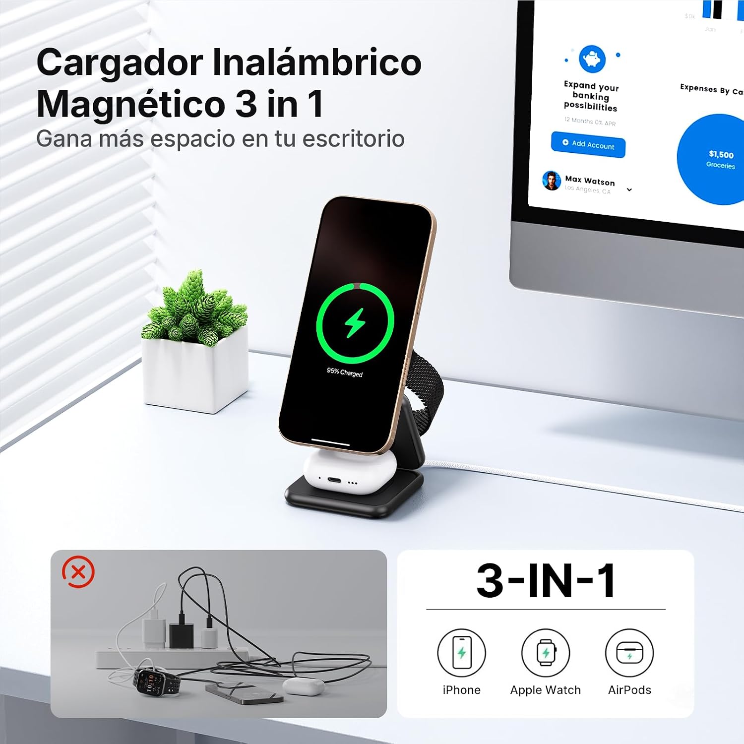Detalle 2 de Alilong Cargador inalámbrico 15W 3 en 1 plegable