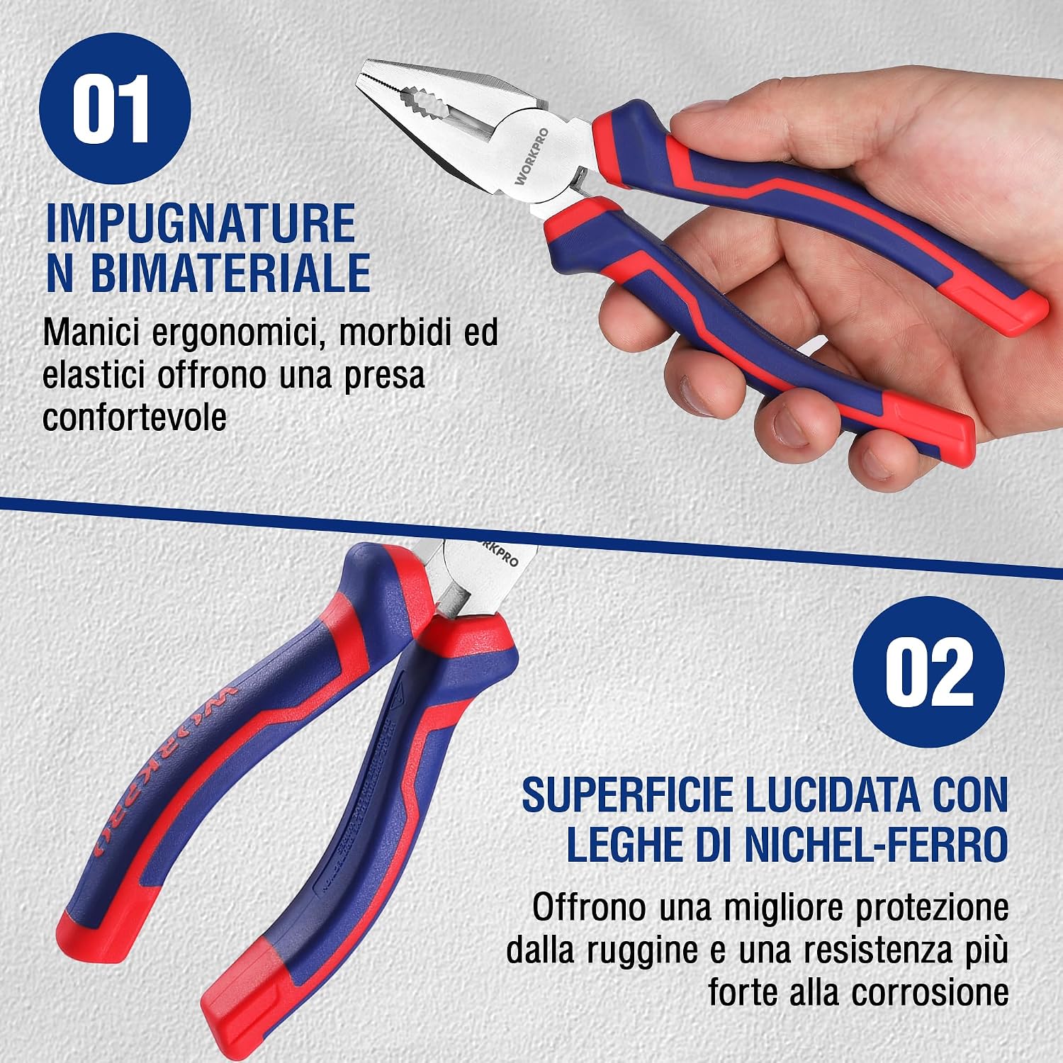 Thumbnail 5 de WORKPRO Set di Pinze a 3 pezzi 160–180 mm: becchi lunghi, taglio laterale e combinata