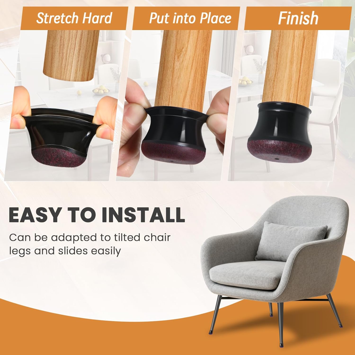 Thumbnail 4 de RUSIDO – 24 embouts de pied de chaise en silicone et feutre noir, pour pieds ronds 14–20 mm