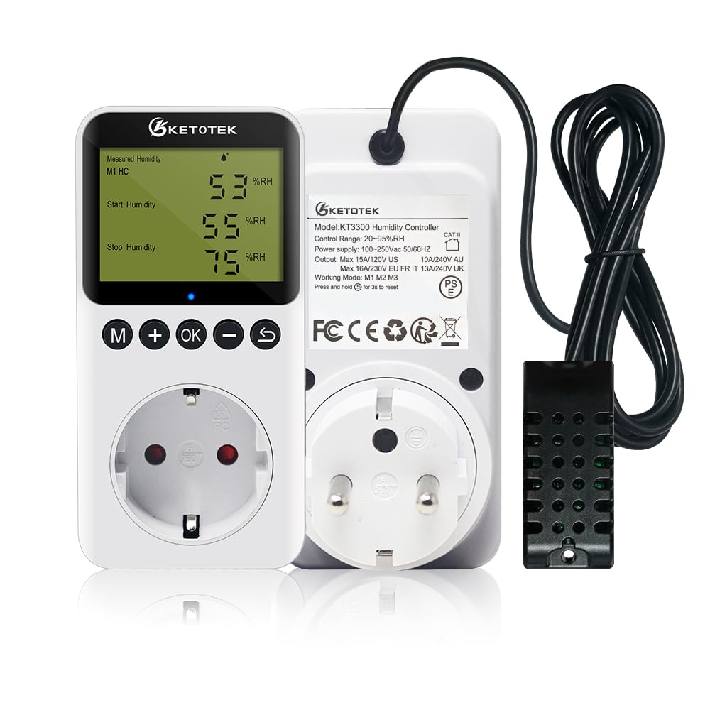 Thumbnail 6 de KETOTEK Prise hygrostatt numérique avec sonde : contrôleur d’humidité 220 V pour terrarium, couveuse et serre