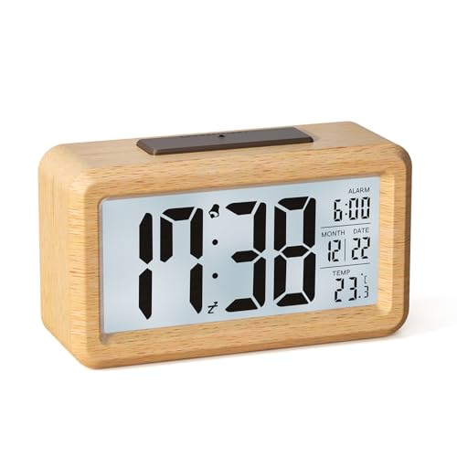 Detalle de Reloj despertador digital de madera HERMIC con pantalla LCD grande y funciones inteligentes