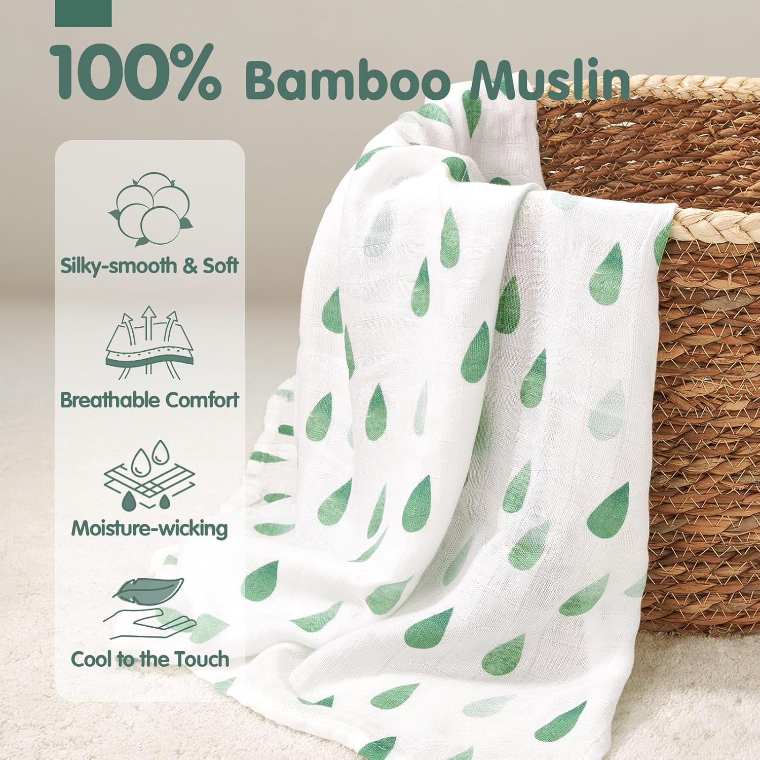 Detalle de hahaland 100% Bamboo Muslin Swaddle Blankets 3 Pack (1 Large 120x120cm + 2 Standard 100x100cm) in Green