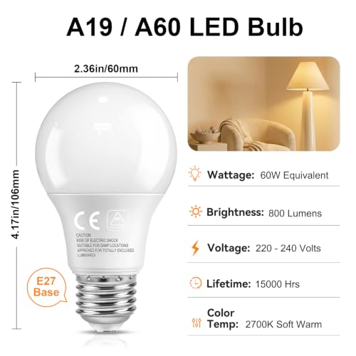 Thumbnail 1 de phopollo 6 Pack E27 LED Light Bulbs 2700K Warm White, 60W Equal, 9W, 800 Lumens