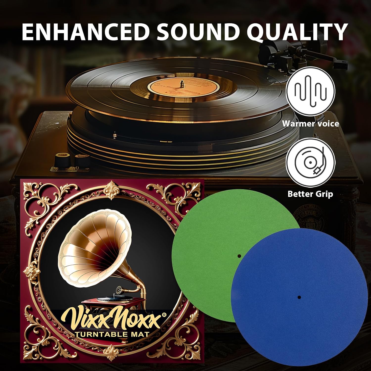 Thumbnail 5 de VixxNoxx LSJ-XGB2 Wool Turntable Slipmat, 2-Pack, 30cm, Green & Navy Blue