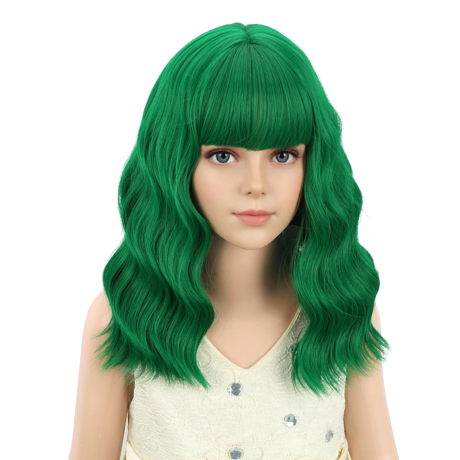 Detalle de PATTNIUM Kids Green Wig with Bangs, Wavy Shoulder-Length Synthetic Hair