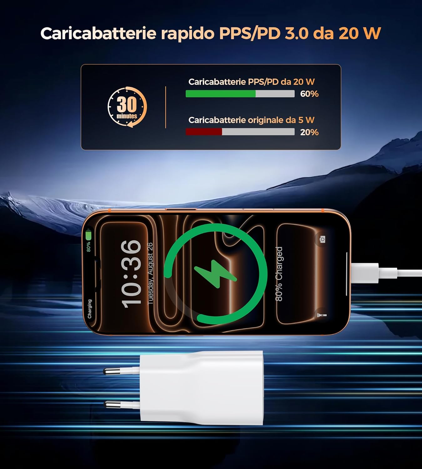 Thumbnail 1 de DEESOOCO caricatore piatto USB‑C da 20 W con cavo da 2 metri e spina USB‑A