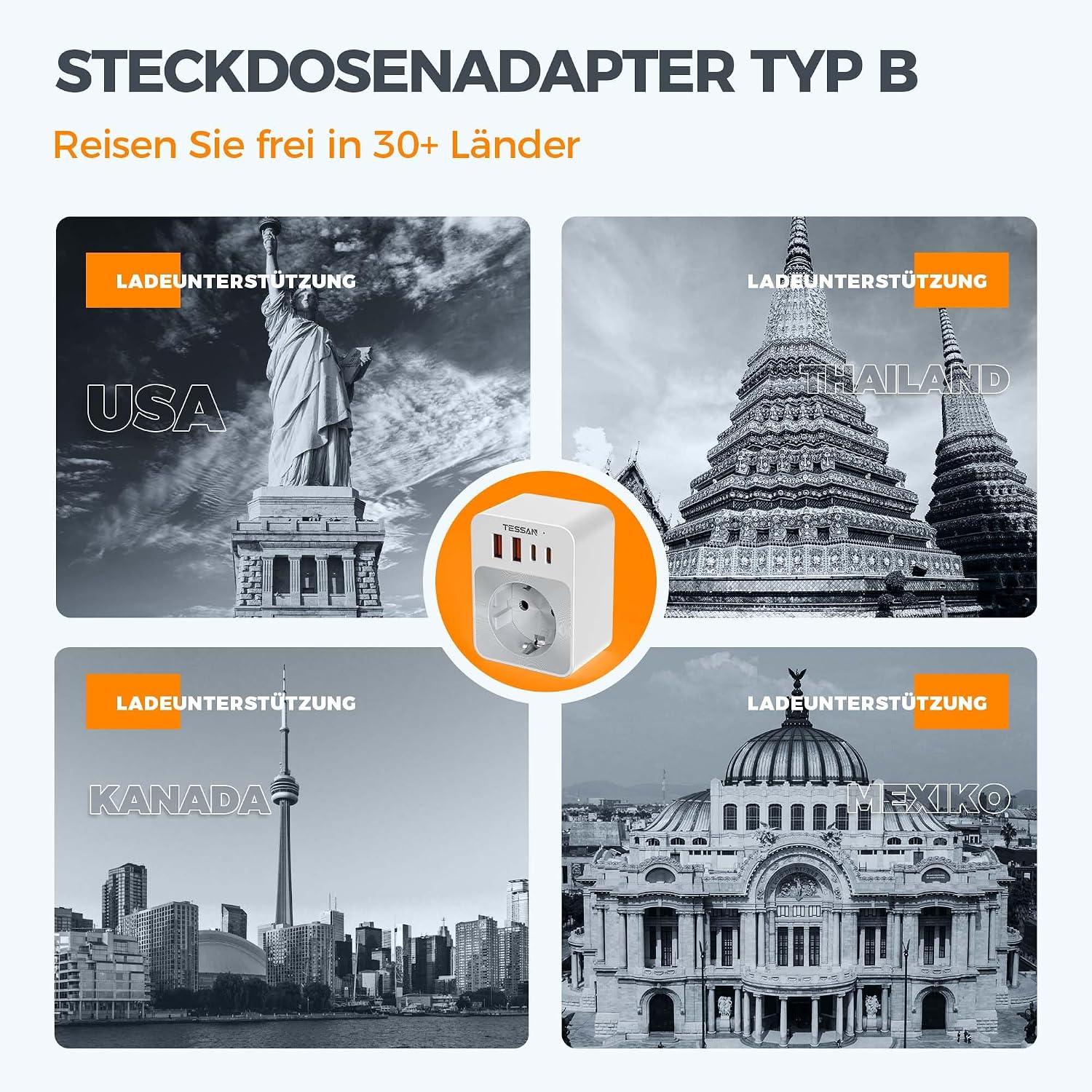 Detalle de TESSAN Klappbarer USA Reiseadapter 5‑in‑1 🔌