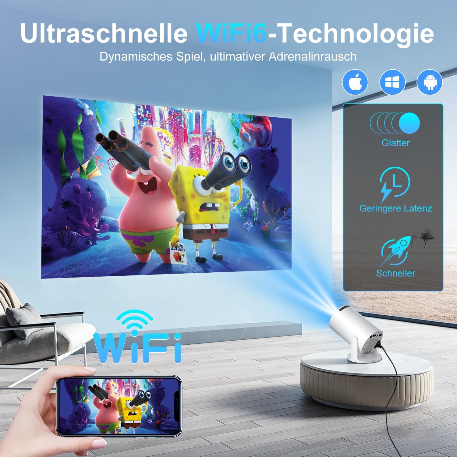 Detalle 2 de Salange Mini Beamer – tragbarer 4K-fähiger Android 14 Projektor mit 270° Drehung