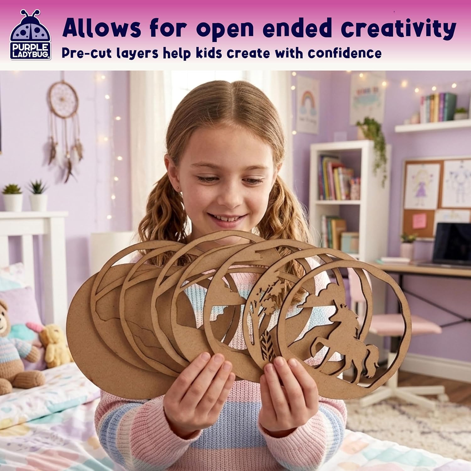 Detalle de PURPLE LADYBUG Unicorn 3D Painting Wooden Craft Kit for Kids