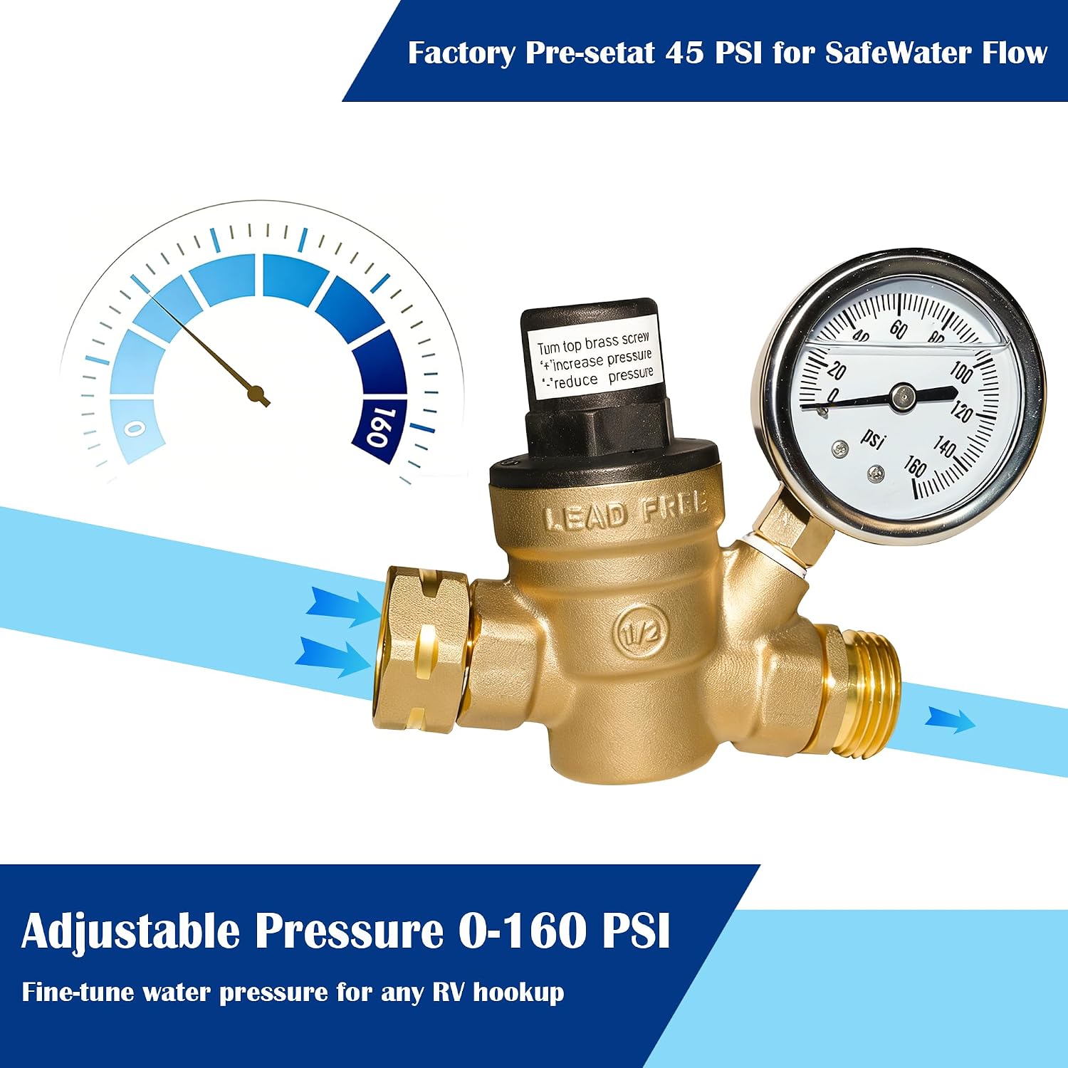 Detalle de Hourleey RV Water Pressure Regulator Valve with Gauge and Inlet Screened Filter