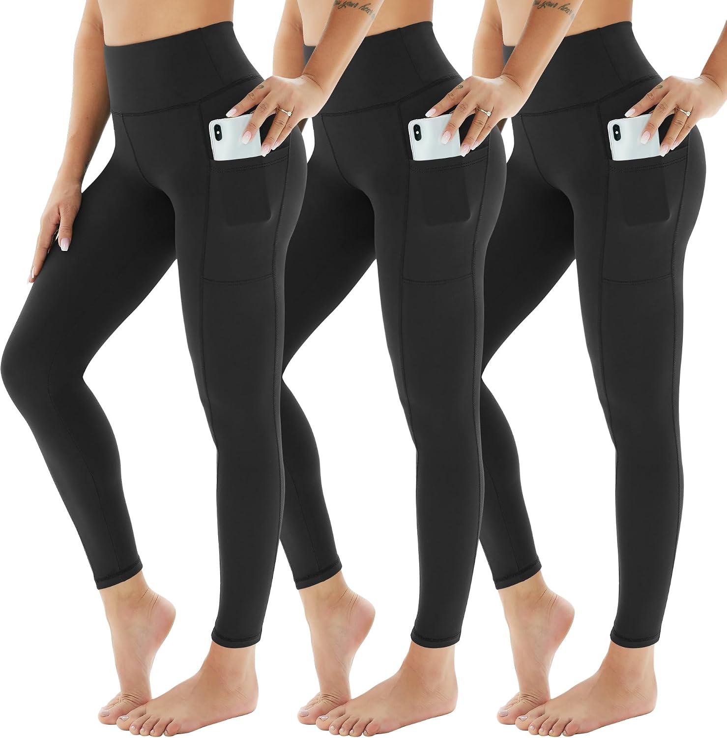 Detalle de AMIYOYO Sport-Leggings Damen mit Tasche, High Waist, blickdicht – 3er Pack