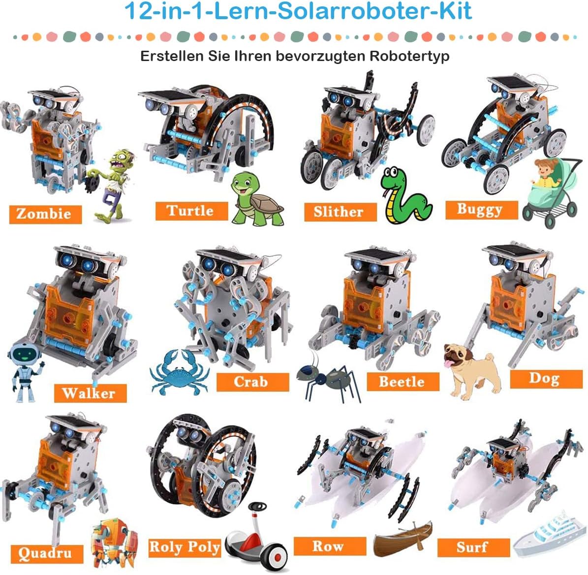 Detalle de ACELIFE STEM Solar Robot Toy 12-in-1 (190-piece DIY kit) – solar-powered building robots for ages 8–12