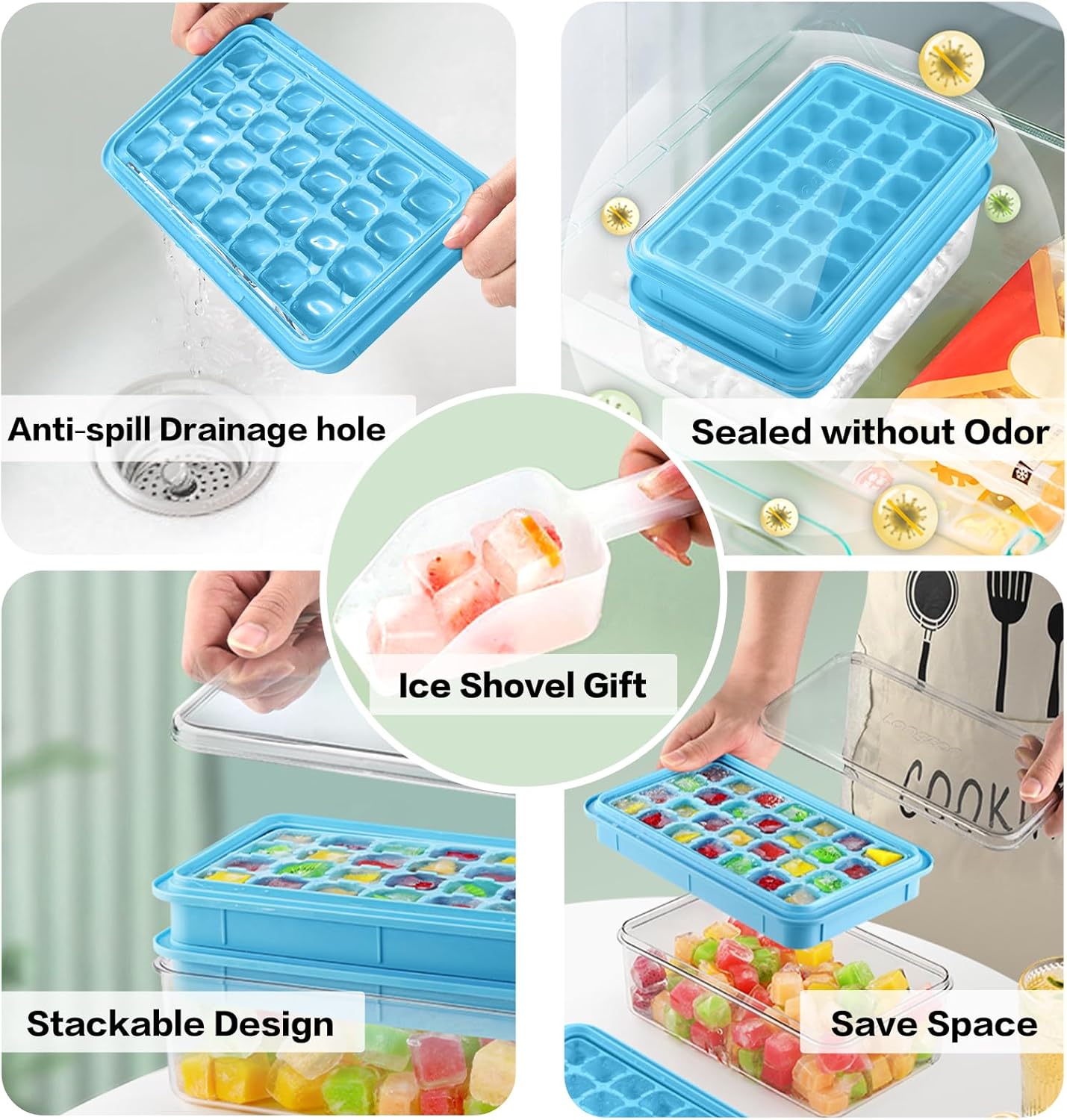 Thumbnail 5 de longzon Eiswürfelform mit Deckel & Behälter (56 Stück) inkl. Eisschaufel – auslaufsicher, stapelbar, blau