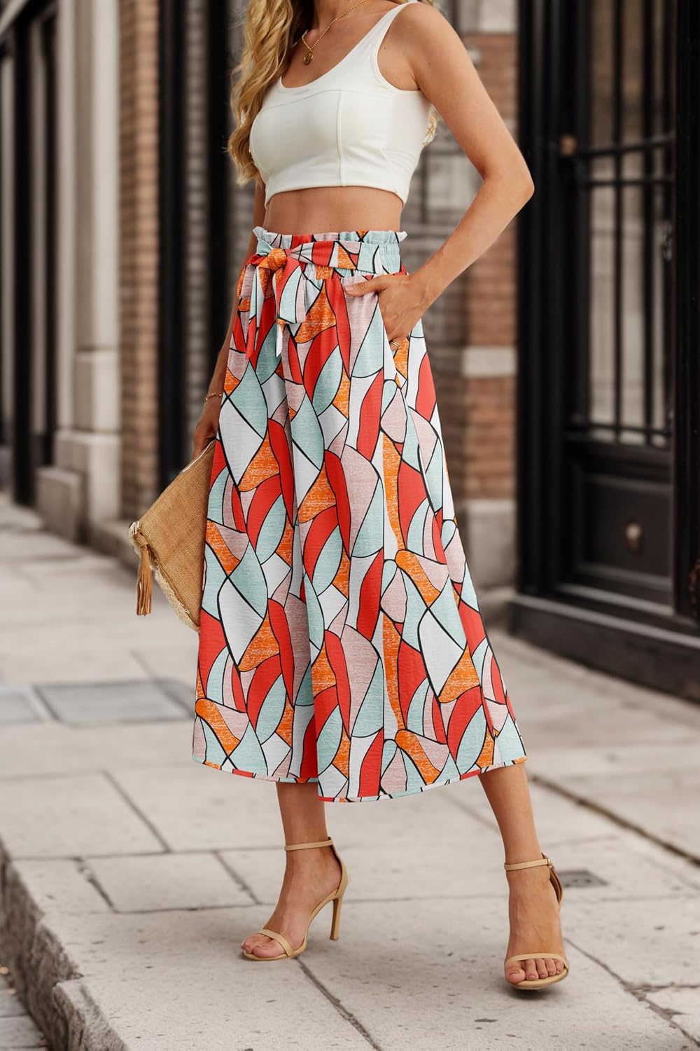 Detalle 2 de IWOLLENCE Women’s Flowly Loose Wide-Leg Pants (High Waist, Adjustable Knot) for Summer Beach & Work Casual