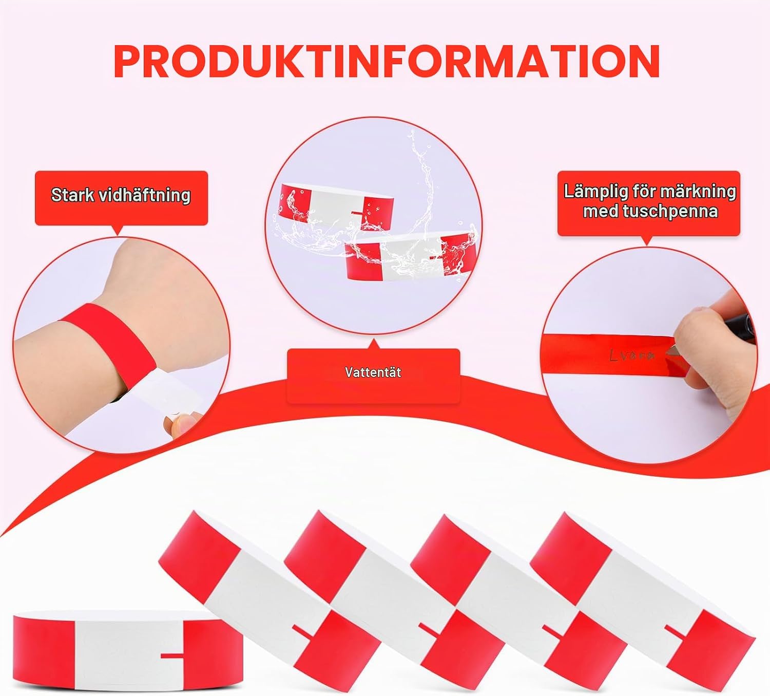 Detalle de Vicloon evenemangsarmband i syntetiskt papper, röda neonarmband, 300-pack