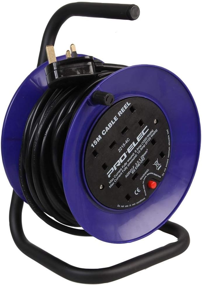 Detalle de PRO ELEC PEL01275 4-Gang Mini Cable Reel Mains Extension – 15m