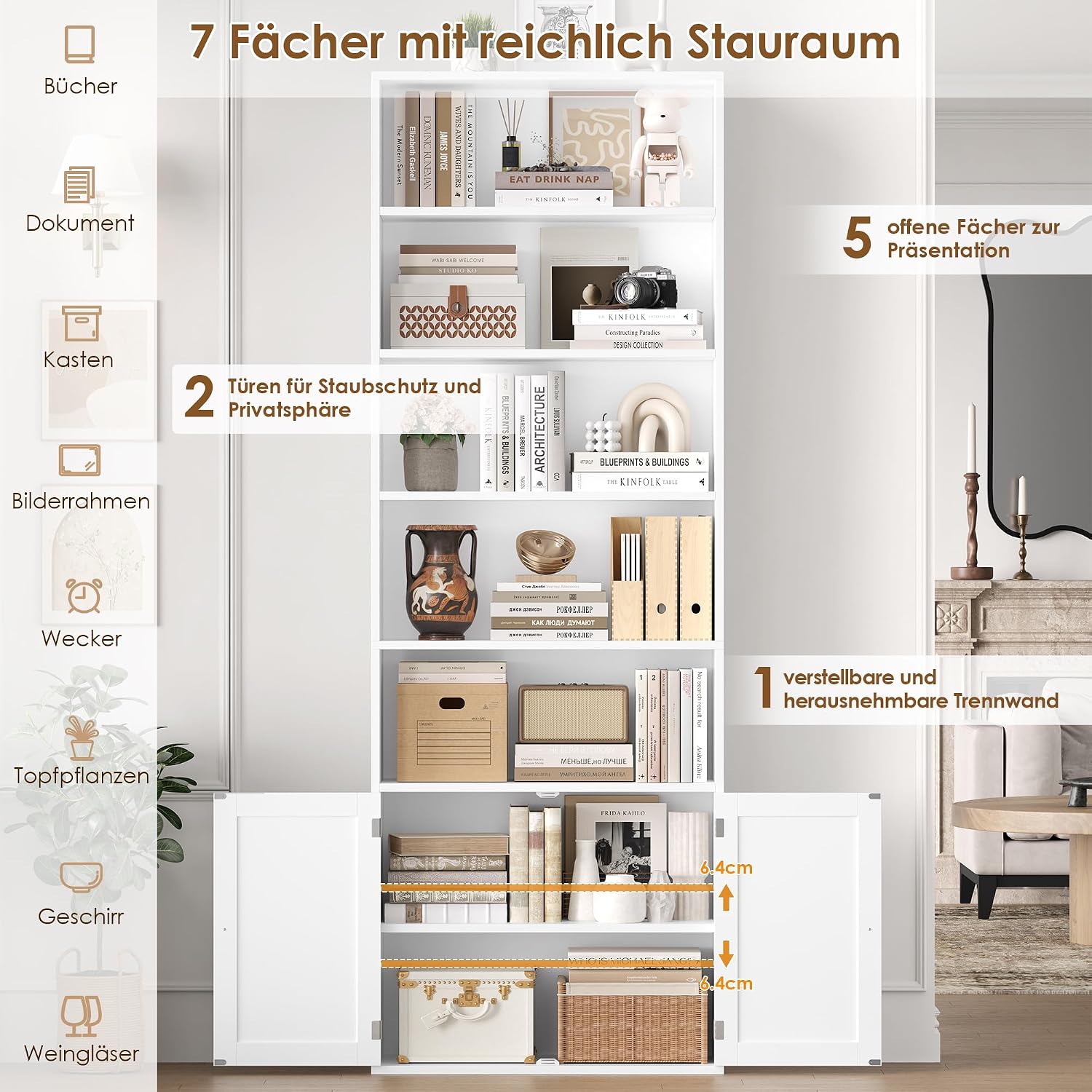 Detalle de FirFurd P573 209 cm Bookcase with 2 Doors, 7 Levels, White
