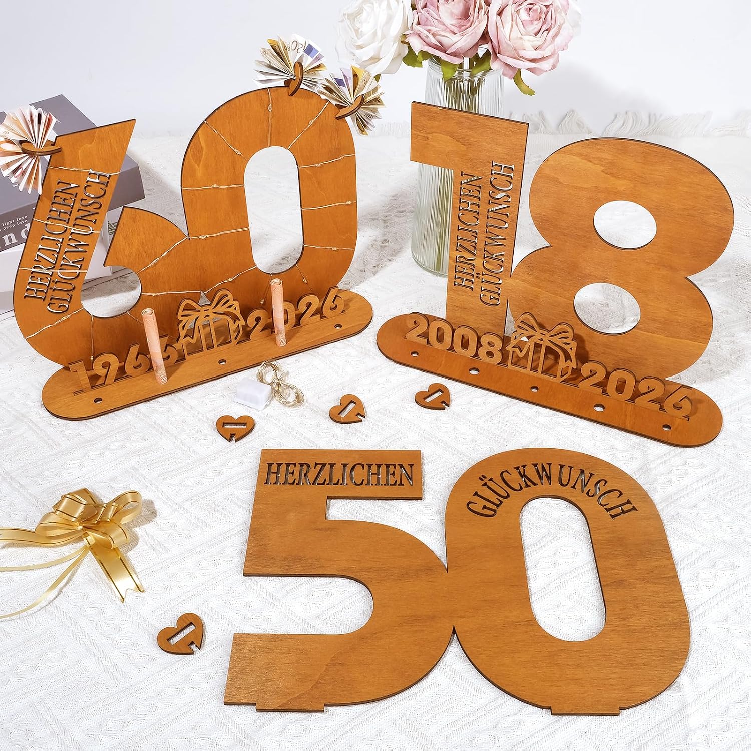 Detalle 2 de ARTREE Geldgeschenk zum 18. Geburtstag 2026 aus Holz mit LED-Lichterkette, Gästebuch-Schild & Tischdeko