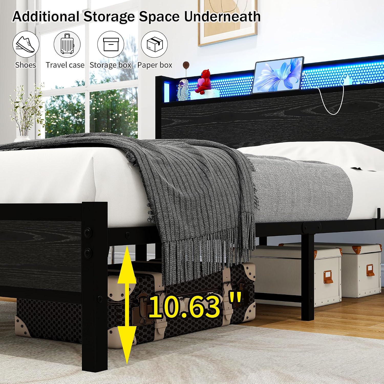 Detalle de Diolong 1012F Full Bed Frame with Storage Headboard, RGB LED Lights and Charging Station