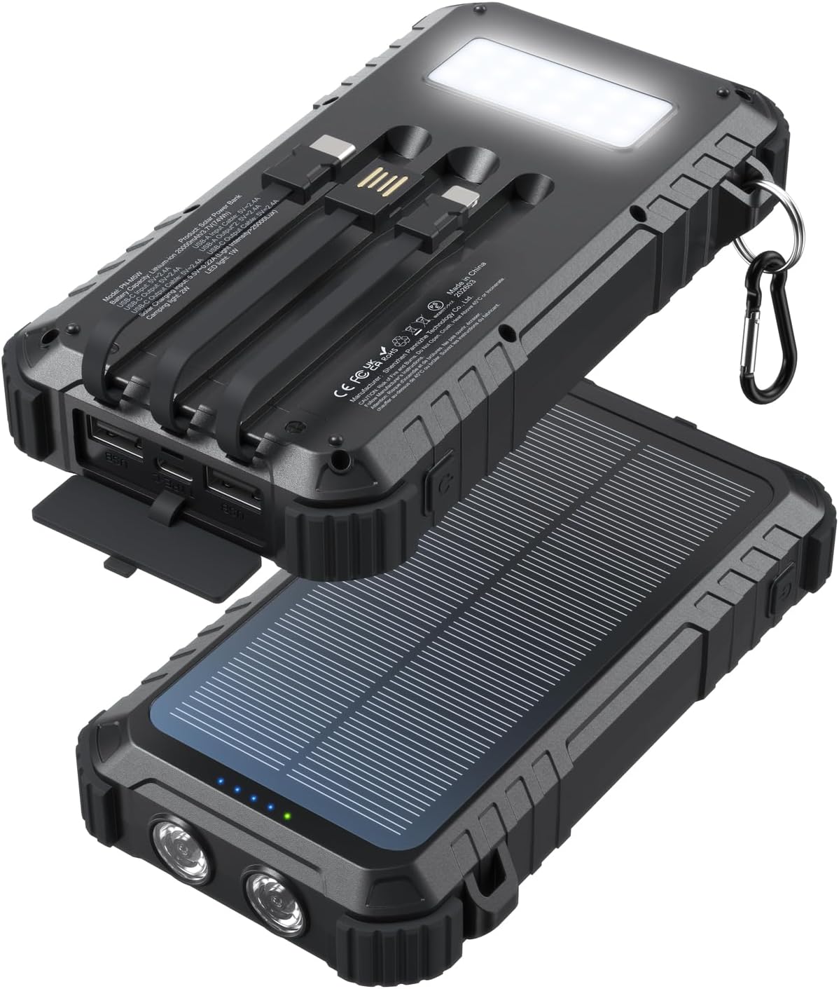 Detalle de Uukto PN-M5W 20,000mAh Solar Power Bank with Built-In Cables and Lights