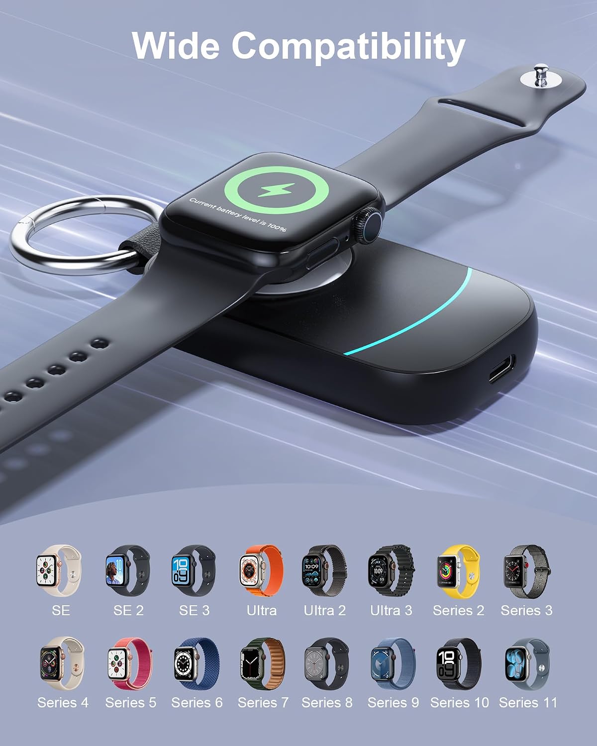 Detalle de 2500mAh Portable Charger for Apple Watch by imodomio: Magnetic Wireless Fast Charging with Keyring