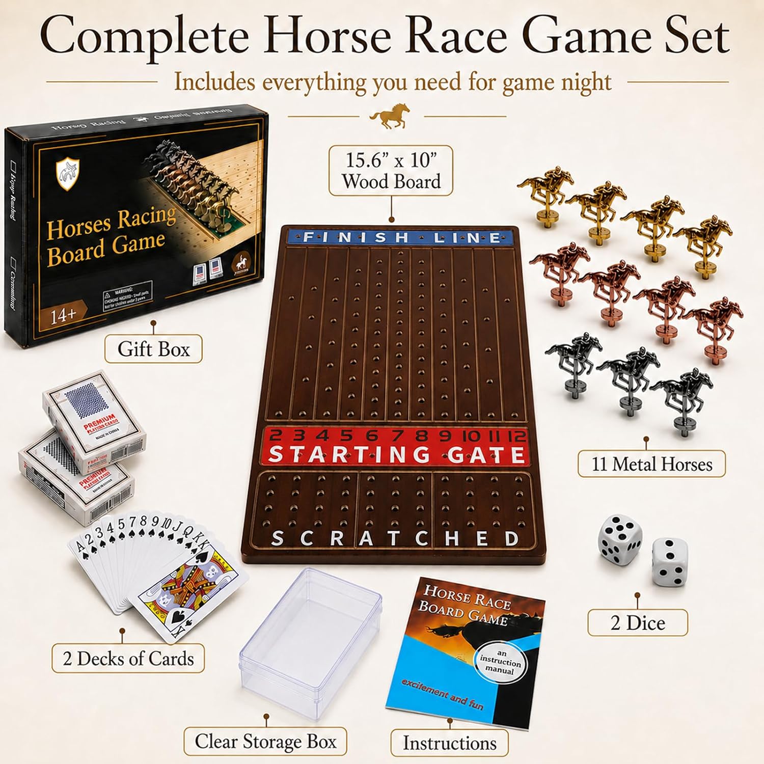 Detalle 2 de Jyquorp Metal Horse Race Board Game – Walnut, Thick Solid Wood Racing Set with 11 Metal Horses
