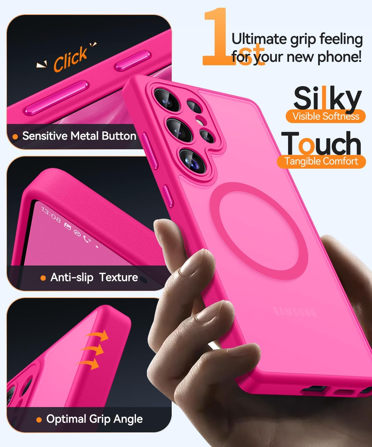 Detalle de CANSHN Magnetic Case for Samsung Galaxy S25 Ultra (6.9 inch) – Full Camera Protection, MagSafe Compatible, Translucent Matte in Hot Pink