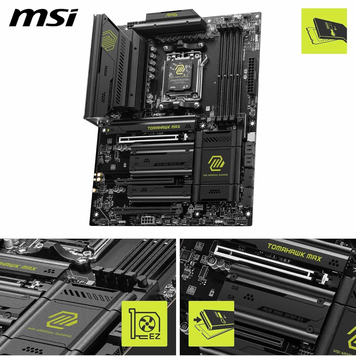 Detalle de MSI MAG B850 TOMAHAWK MAX WIFI (ATX) AM5 motherboard with Wi‑Fi 7 and 5G LAN