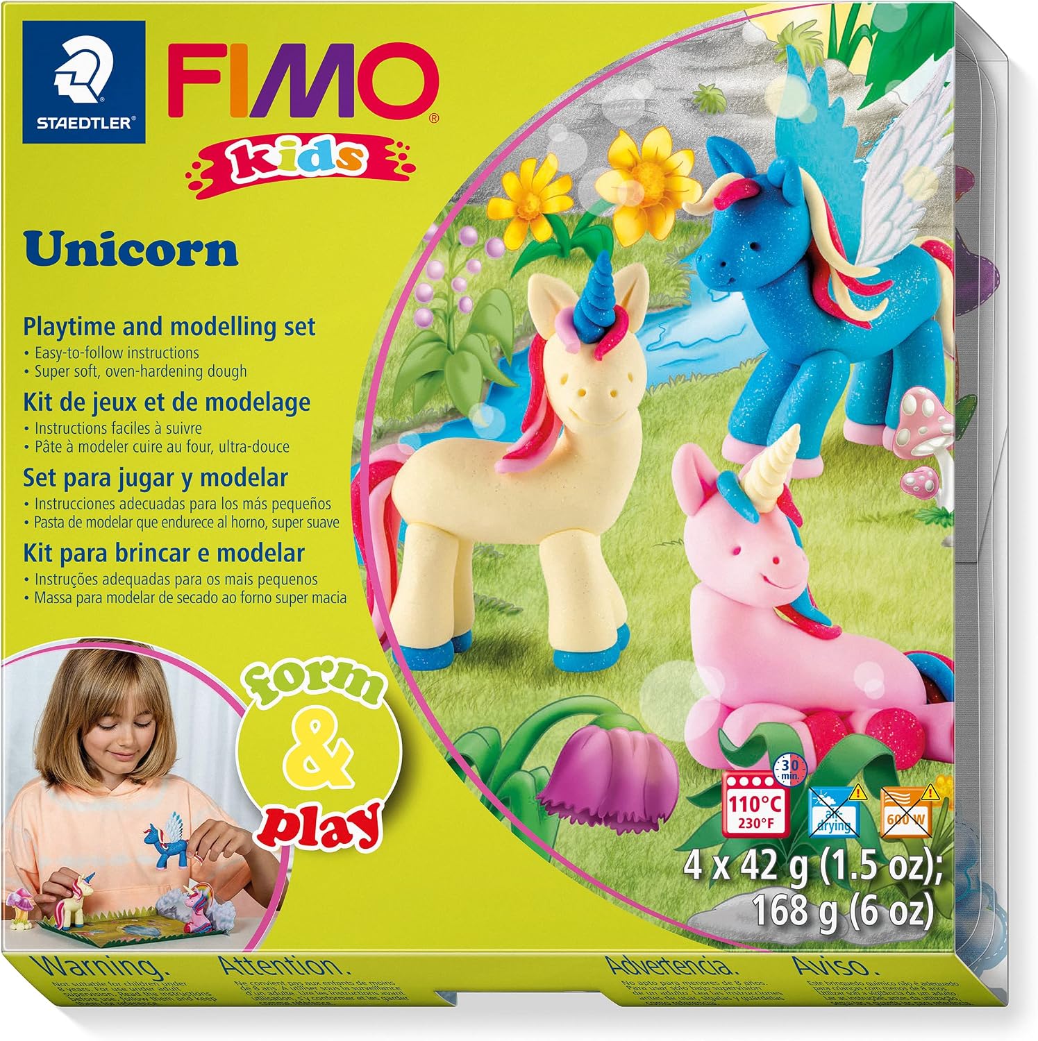 STAEDTLER 8034 19 LZ03 FIMO Kids Form&Play Ensemble Licorne – Pâte polymère pour enfants (lot de 4 blocs, autocollants, outils et décor d’arrière-plan)