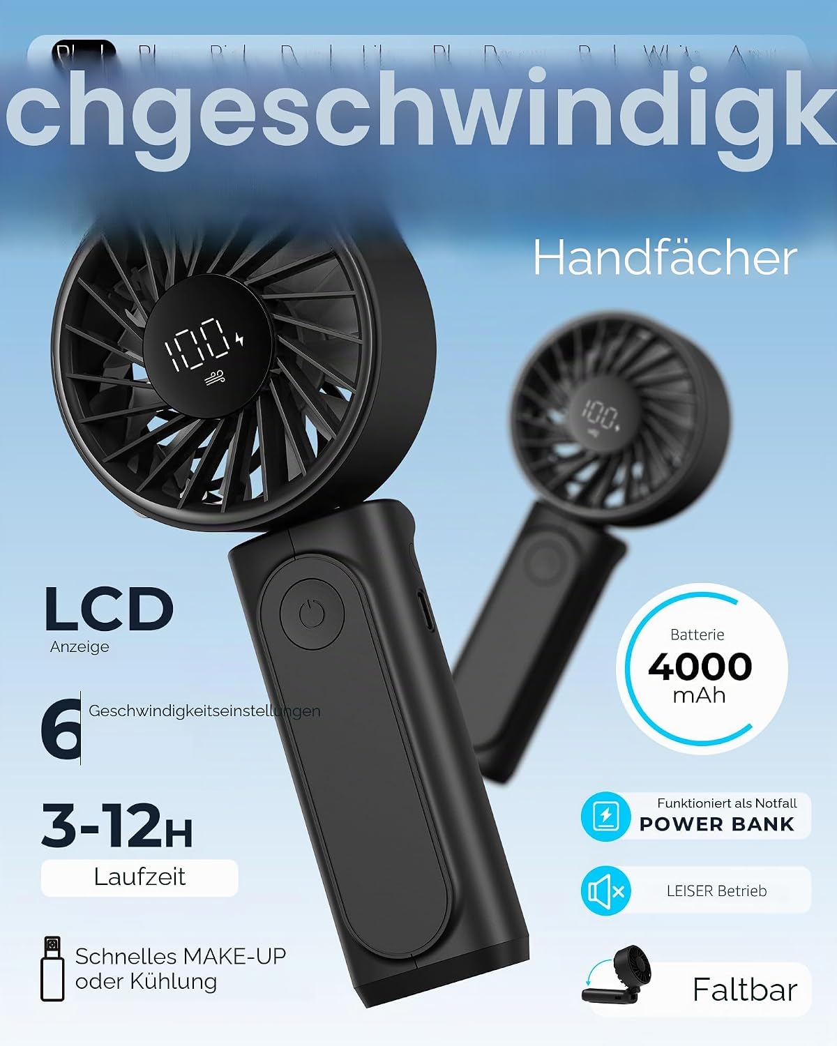 Detalle de Peiyuu Handventilator: Kompakter 3-in-1 Mini-Ventilator mit 4000 mAh Akku