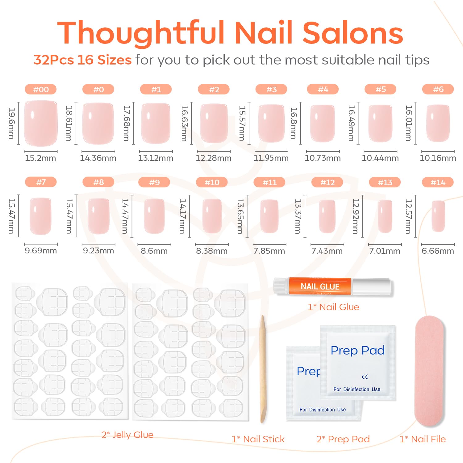 Detalle de Modelones Pink Press on Nails: Summer Short Square Reusable Kit (32Pcs, 16 Sizes)