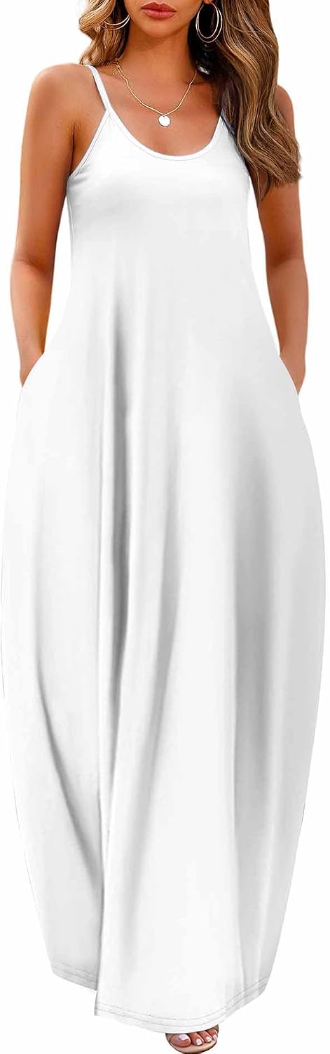 Detalle de Wolddress Women’s Maxi Dress with Pockets (Plus Size S-5X) — Adjustable Spaghetti Strap Casual Long Dress