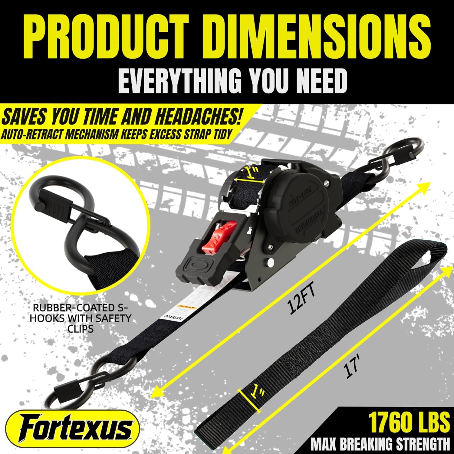 Thumbnail 6 de Fortexus Retractable Ratchet Straps 1'' x 12 ft – 4 Pack (1760 lb) for ATV, Trailer, and More