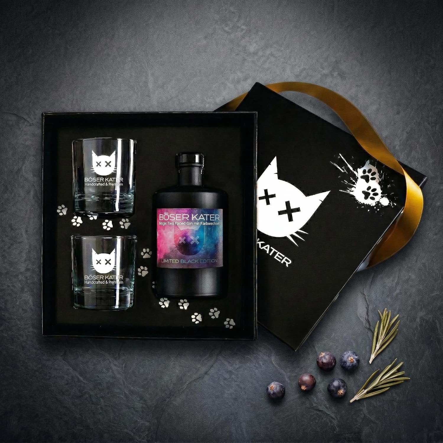 Thumbnail 1 de BÖSER KATER Limited Black Edition Magic Two Faced Gin Geschenkset – Farbwechsel-Gin mit 2 Gläsern